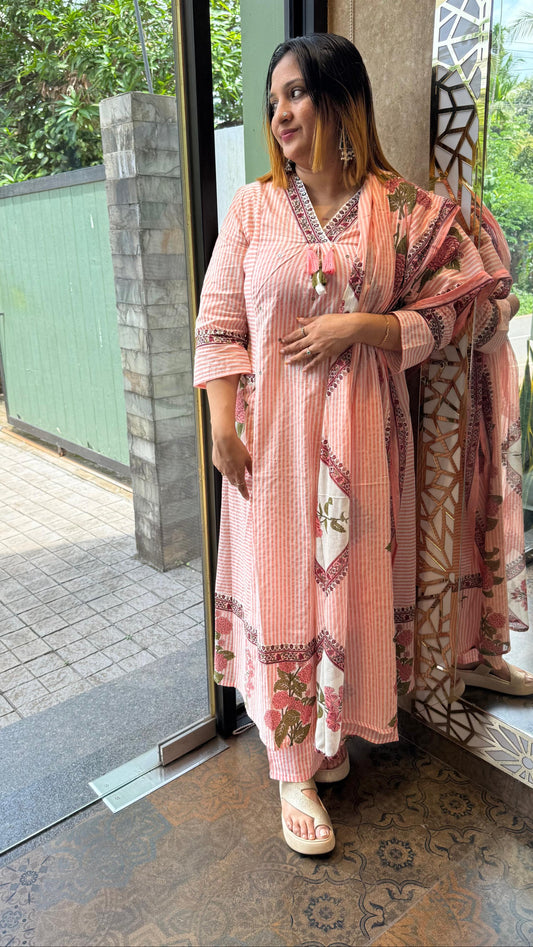 PEACH AND WHITE COTTON FULL SALWAR SET - 30721