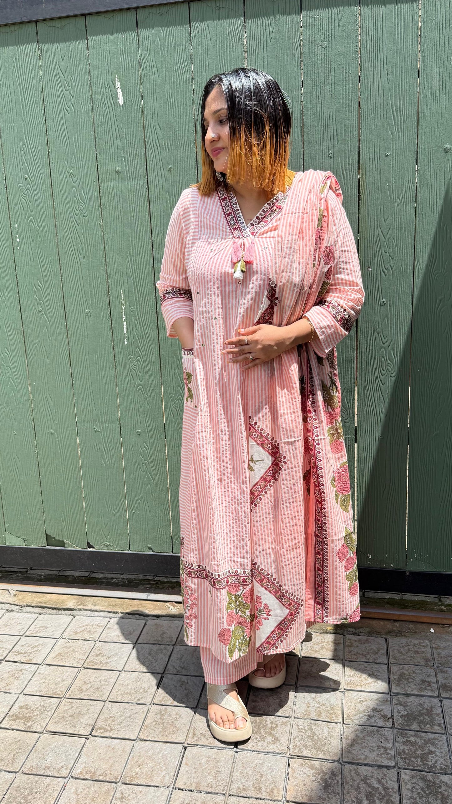 PEACH AND WHITE COTTON FULL SALWAR SET - 30721