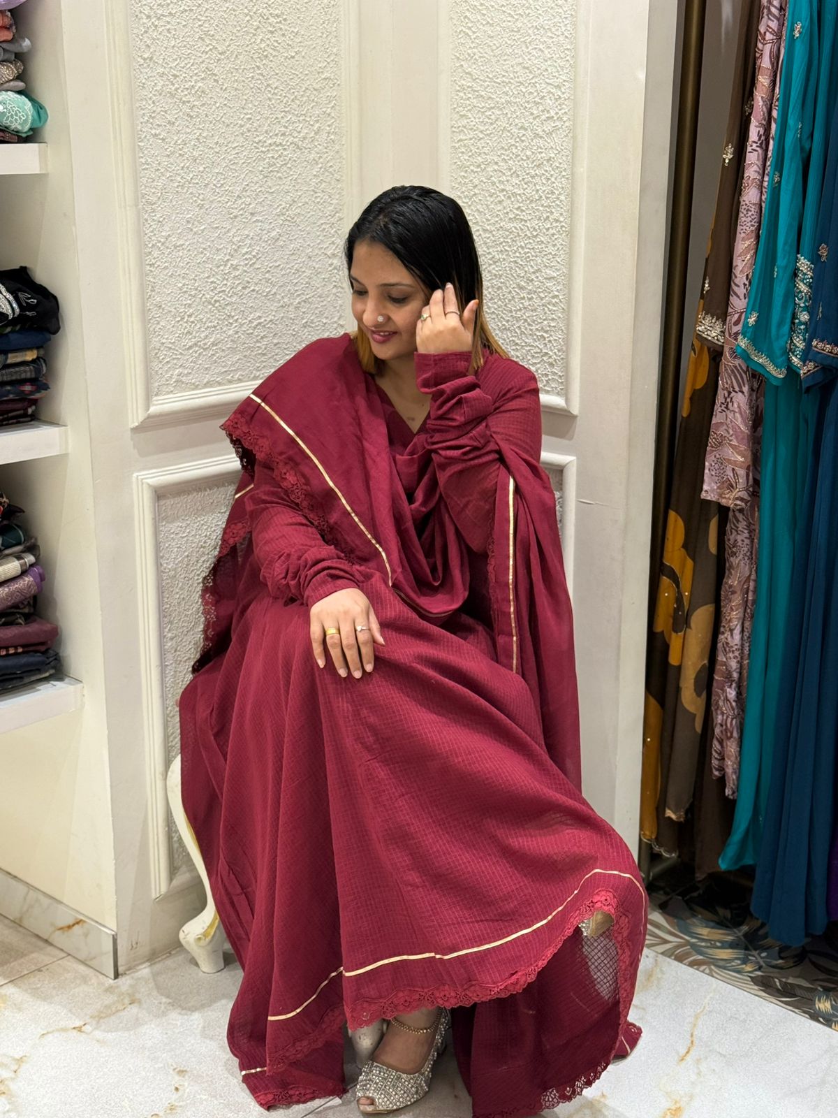 MAROON COTTA ANARKALI TOP & DUPATTA SET (WITHOUT BOTTOM)  - 52460A (PRE BOOKING- DISPATCHING TIME 15 DAYS)