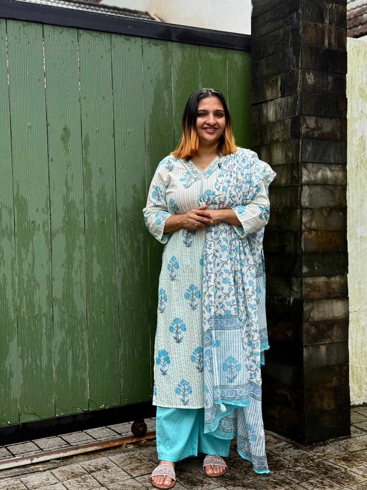 WHITE & BLUE COTTON FULL SALWR SET - 30696