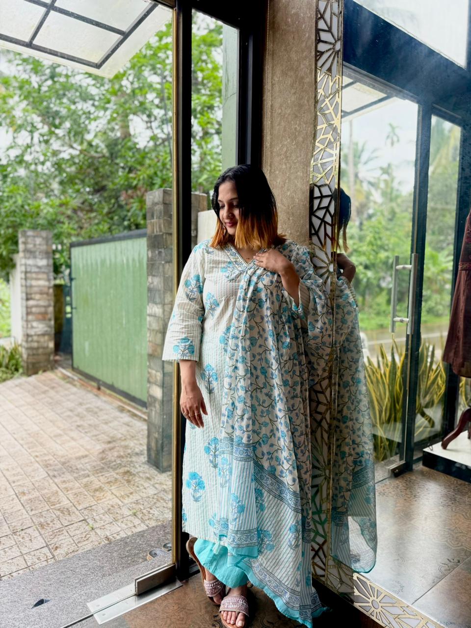 WHITE & BLUE COTTON FULL SALWR SET - 30696