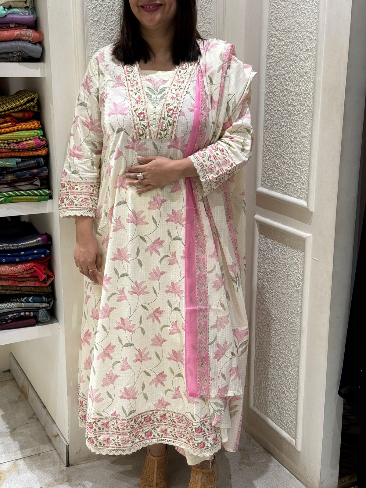 PINK PRINTED COTTON KURUTA SET-52674