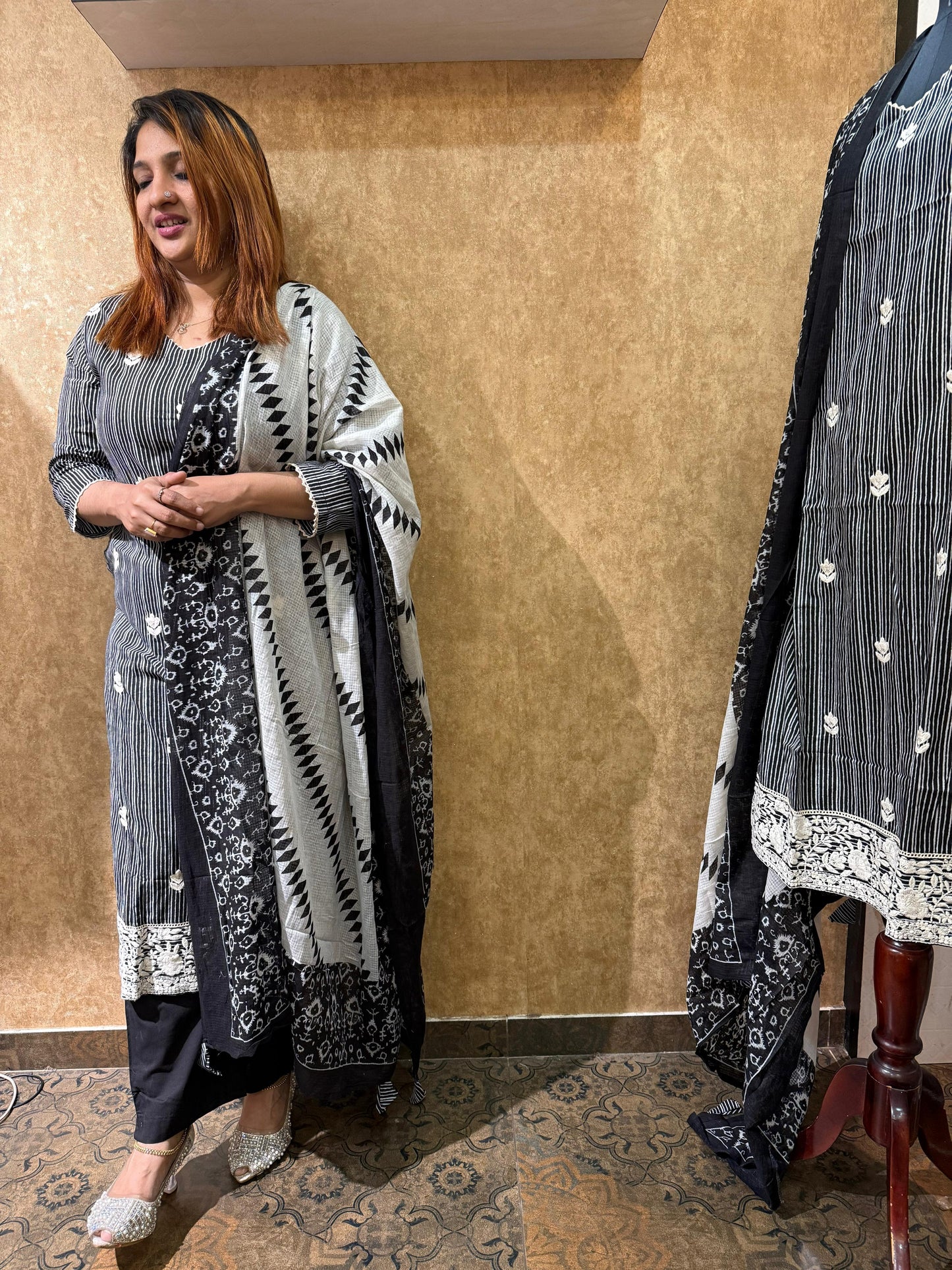 BLACK AND WHITE COTTON FULL SALWAR SET- 30491