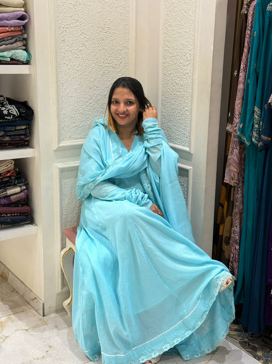 POWDER BLUE COTTA ANARKALI TOP & DUPATTA SET (WITHOUT BOTTOM)  - 52460B (PRE BOOKING- DISPATCHING TIME 15 DAYS)