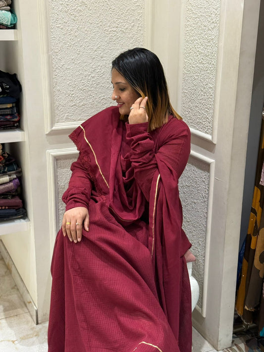 MAROON COTTA ANARKALI TOP & DUPATTA SET (WITHOUT BOTTOM)  - 52460A (PRE BOOKING- DISPATCHING TIME 15 DAYS)