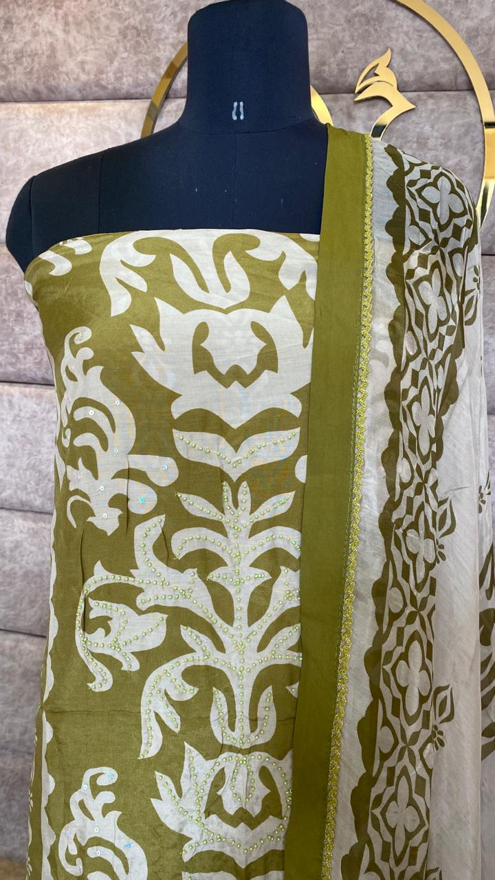 MUSLIN OLIVE GREEN SALWAR FULL SET-31503