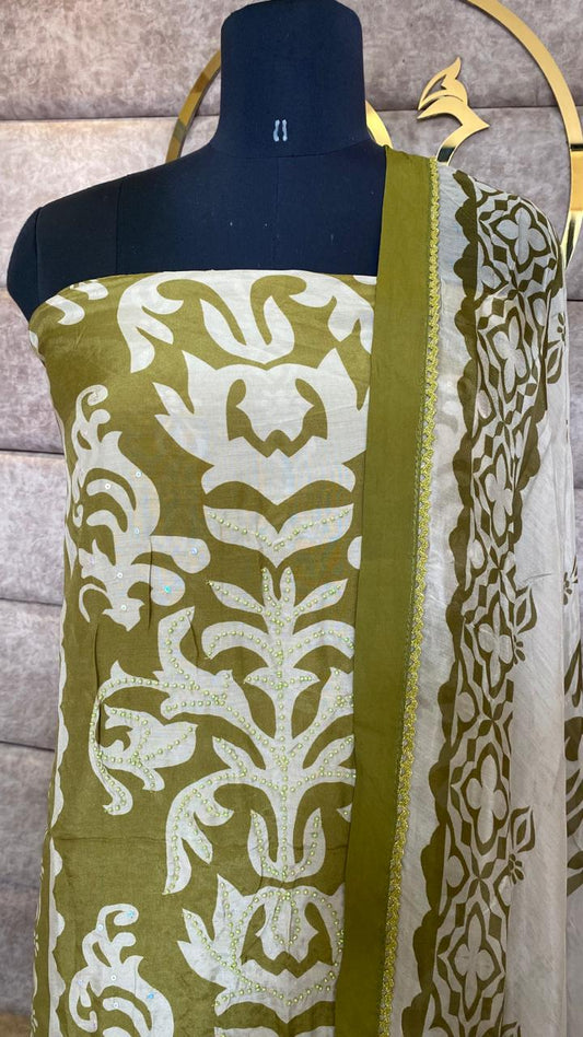MUSLIN OLIVE GREEN SALWAR FULL SET-31503