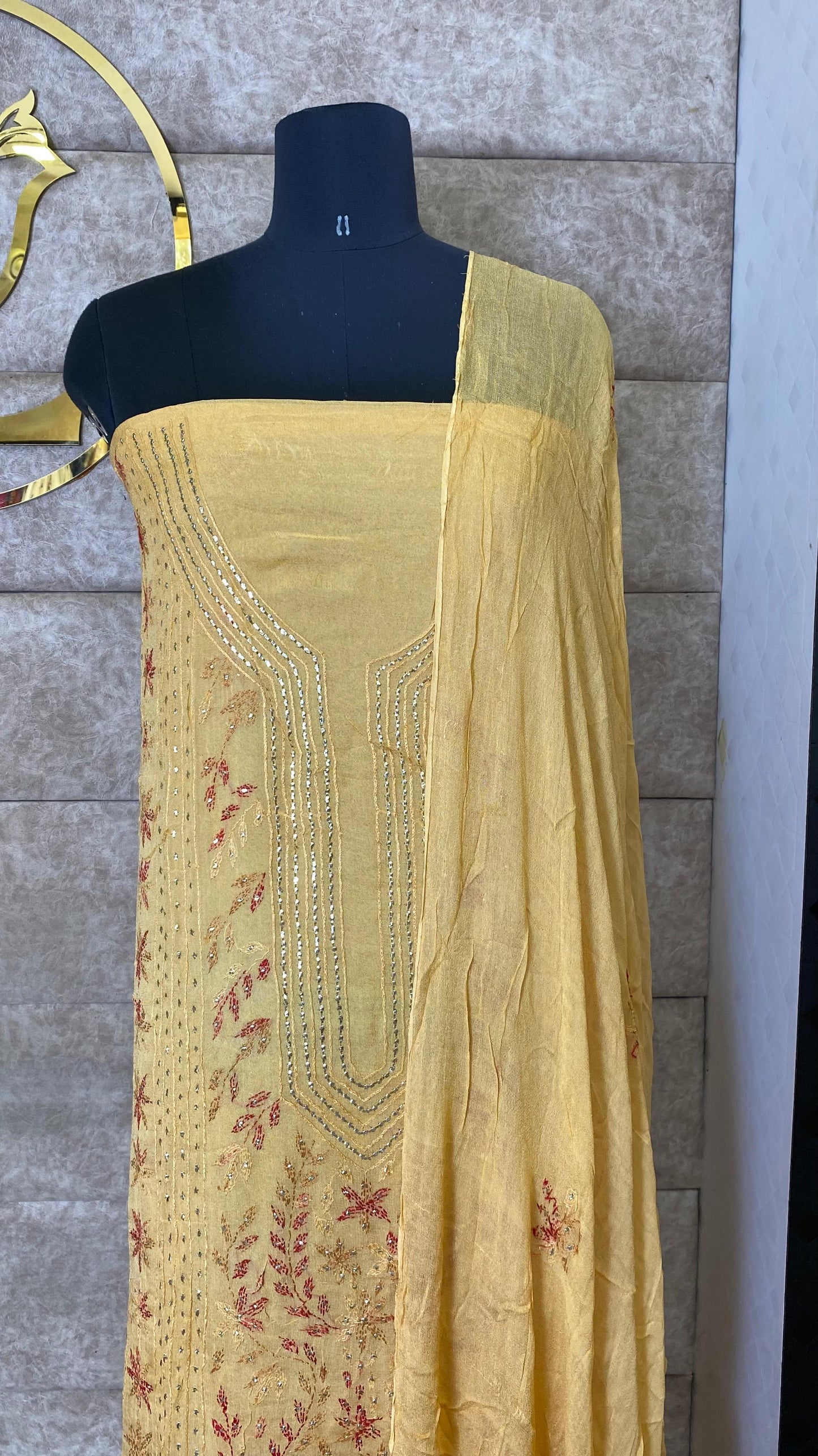 PASTEL YELLOW KARACHI SALWAR MATERIAL - 30620 (WITHOUT BOTTOM)