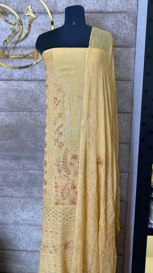 PASTEL YELLOW KARACHI SALWAR MATERIAL - 30620 (WITHOUT BOTTOM)