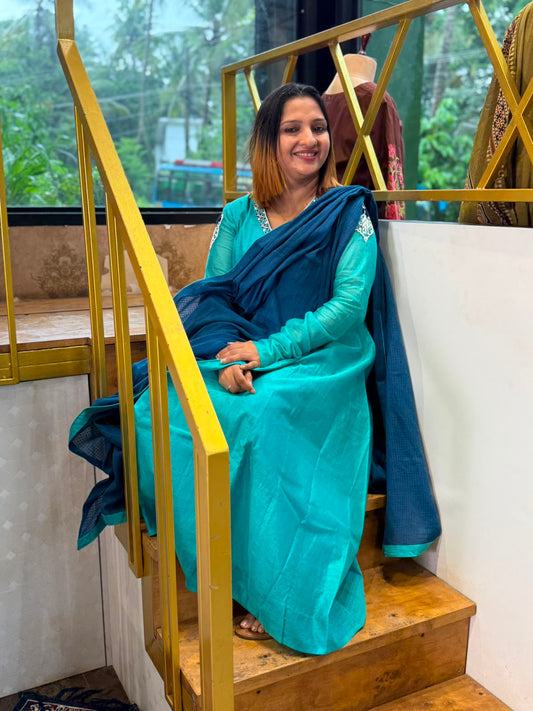 BLUE CHANDERI SILK SALWAR SET - 52456