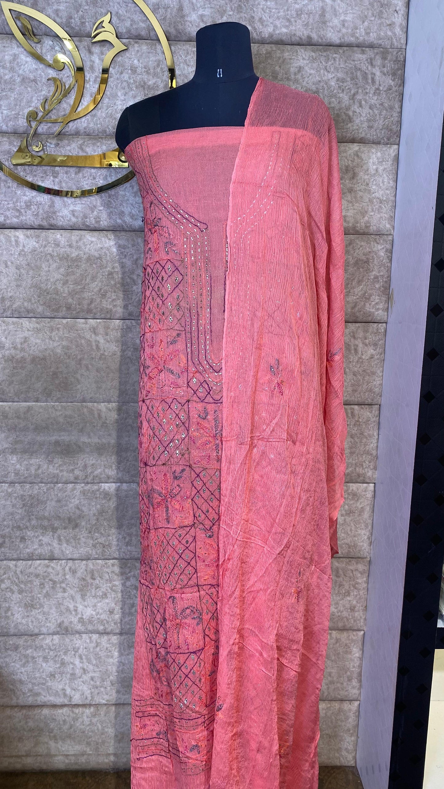 PEACH KARACHI SALWAR MATERIAL - 30620 (WITHOUT BOTTOM)